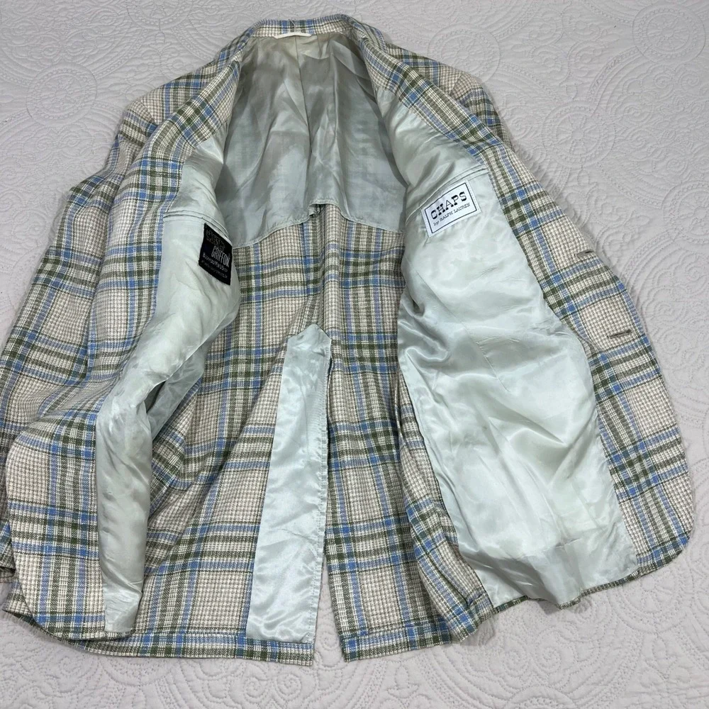 Vintage Chaps Ralph Lauren Plaid Sport Coat Blazer Blue Green Cream‎ Mens *READ